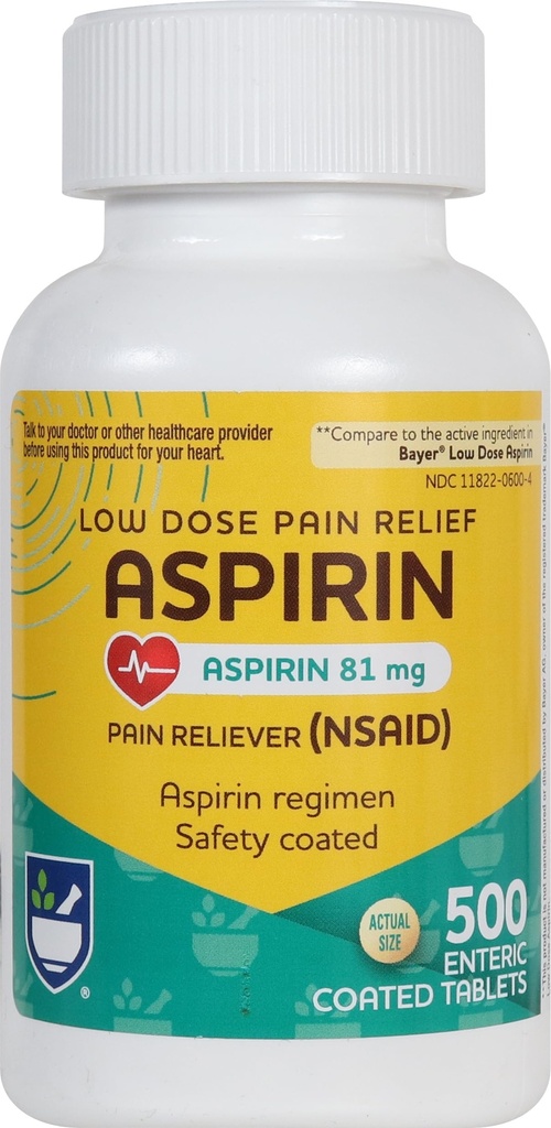 Rite Aid Aspirin Enteric Tablets - 81 mg Aspirina - 500 Conte - Low-Dose per il rilievo di mal di testa - Sicurezza Coated - Aspirina Regimen - Migraine Medicine - Rilievo di dolore