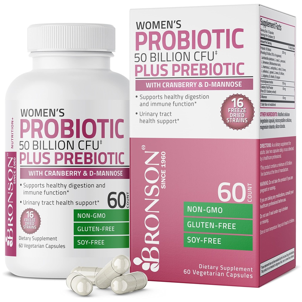 Bronson Women's Probiotic 50 Billion CFU + Prebiotico con Cranberry & D-Mannose – Salute vaginale, Digestione sana, Funzione immunitaria e supporto del tratto urinario, Non-OGM, 60 capsule vegetariane