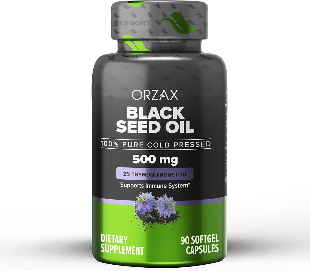 ORZAX Olio Seme Nero Pressato 100% Puro | Non OGM - Ricco in Omega 3 6 9 & Thymoquinone | Nero Cumin Nigella Sativa olio per il supporto immunitario, capelli, pelle, viso (500 mg - 90 capsule Softgel)