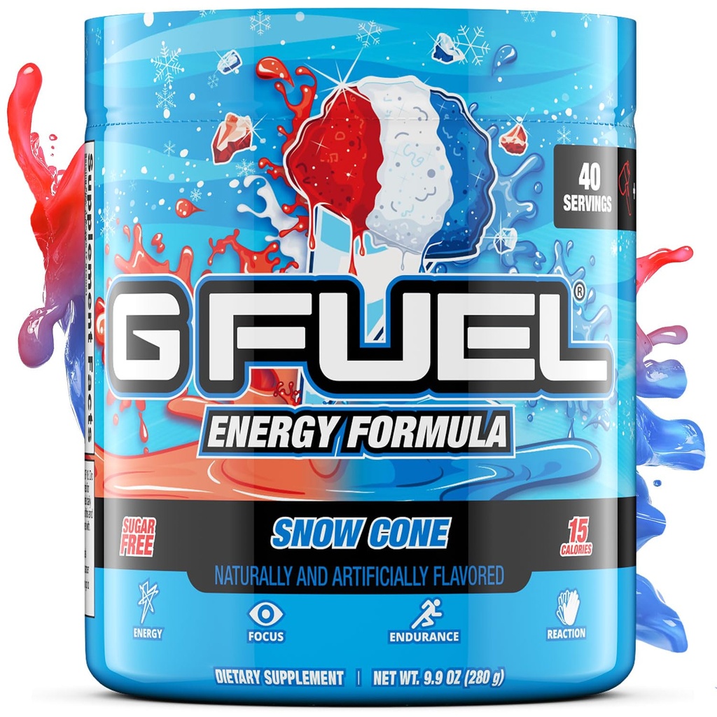 G Fuel Snow Cone Energy Drink Powder, Pre Workout Caffeine Mix for Gaming, Sugar Free Focus Amino, Vitamina + Antiossidanti, 9.9oz (Cono neve, 40 Serve)