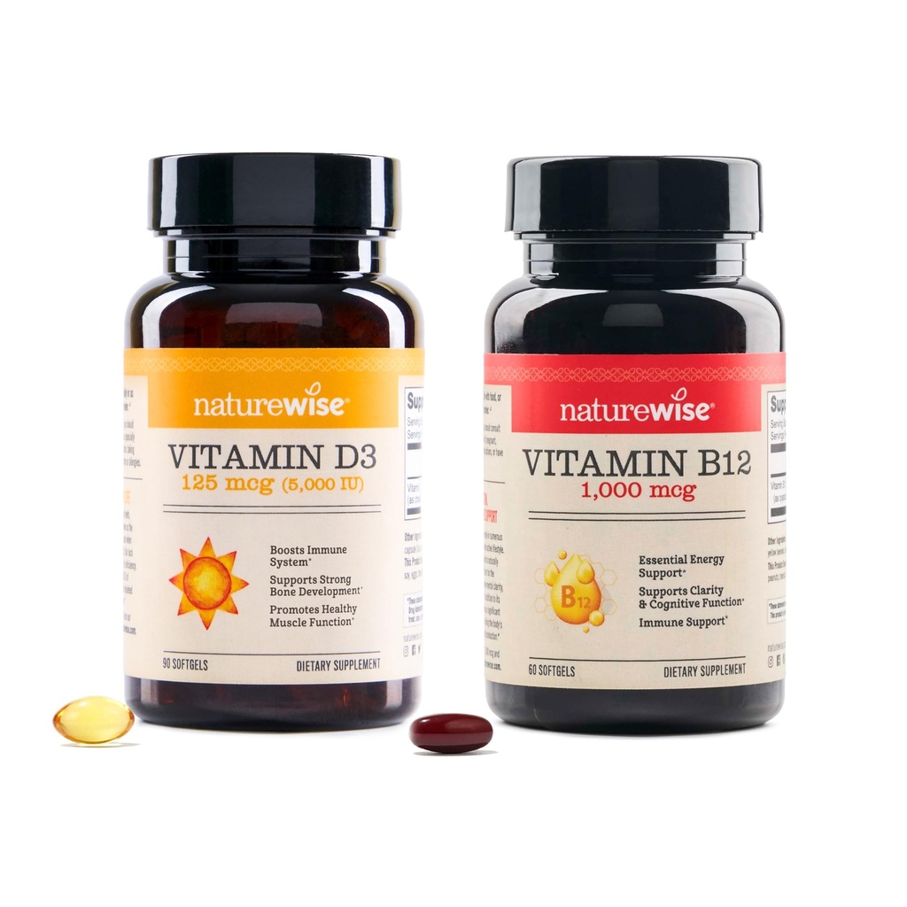 NatureWise Vitamin D3 5000iu, B12 1000mcg Clarity Mental Supporto energetico Salute immunitaria Non OGM Gluten Olio d'oliva gratuito Softgels