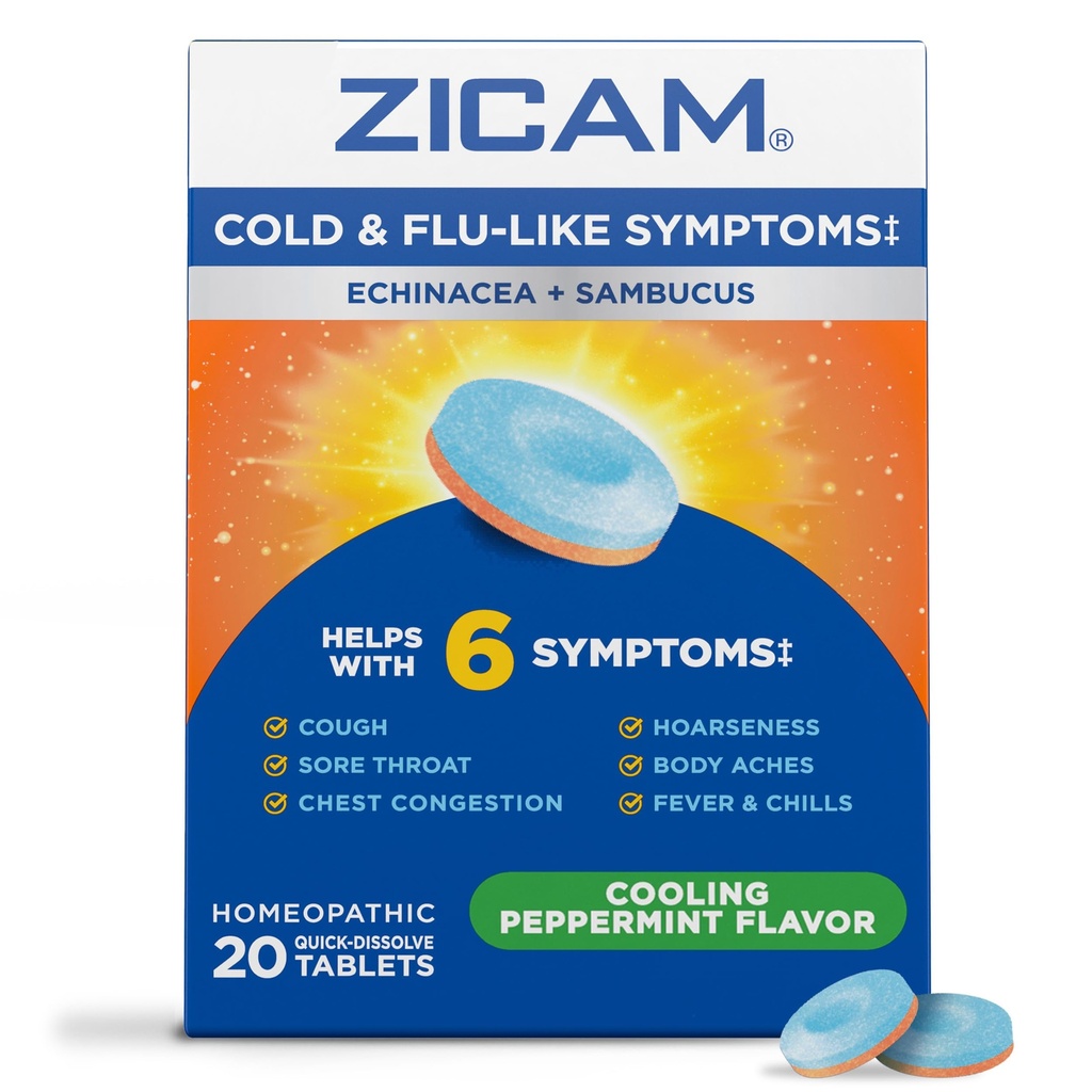 Zicam Cold & Flu-Like Symptoms with Echinacea and Sambucus, Omeopatico, Zinco, Raffreddamento Peppermint Flavor, Aiuta con i sintomi freddi, 20 compresse