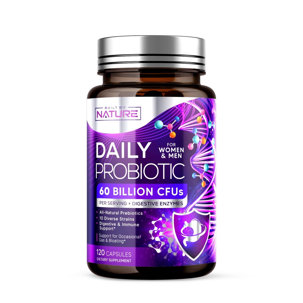 Costruito da Natura Probiotico per Donne & Uomini – 60 miliardi di CFU, 10 Strains + Prebiotici & Enzimi digestivi – Supporta Digestivo, Immune, Ridurre Gas & Bloating – Scaffale stabile, Non OGM - 120 capsule