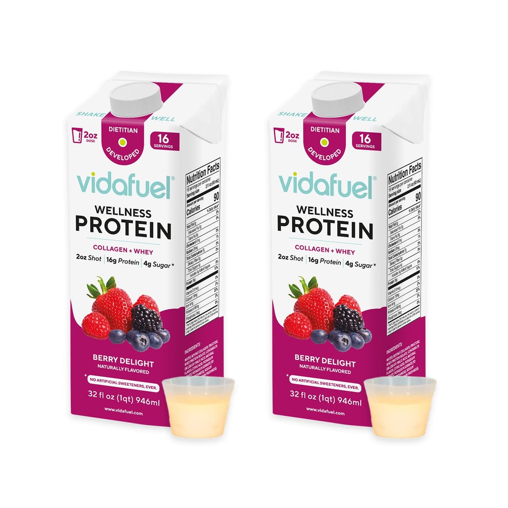 Vidafuel Wellness Protein Drink, 16g Protein per 2oz Shot, 32 fl oz Carton, 2 Pack, Berry, Collagen e Whey Drink, Nessun dolcificante artificiale