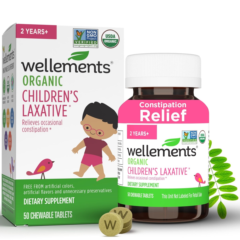 Wellements Organic Children's Laxatives for Constipation (50 Chewable Tablets) | Compresse di senna organiche per 2+ bambini | Non-OGM, USDA Organic, Gluten Free | Lassativi naturali per il sollievo dalla costipazione*