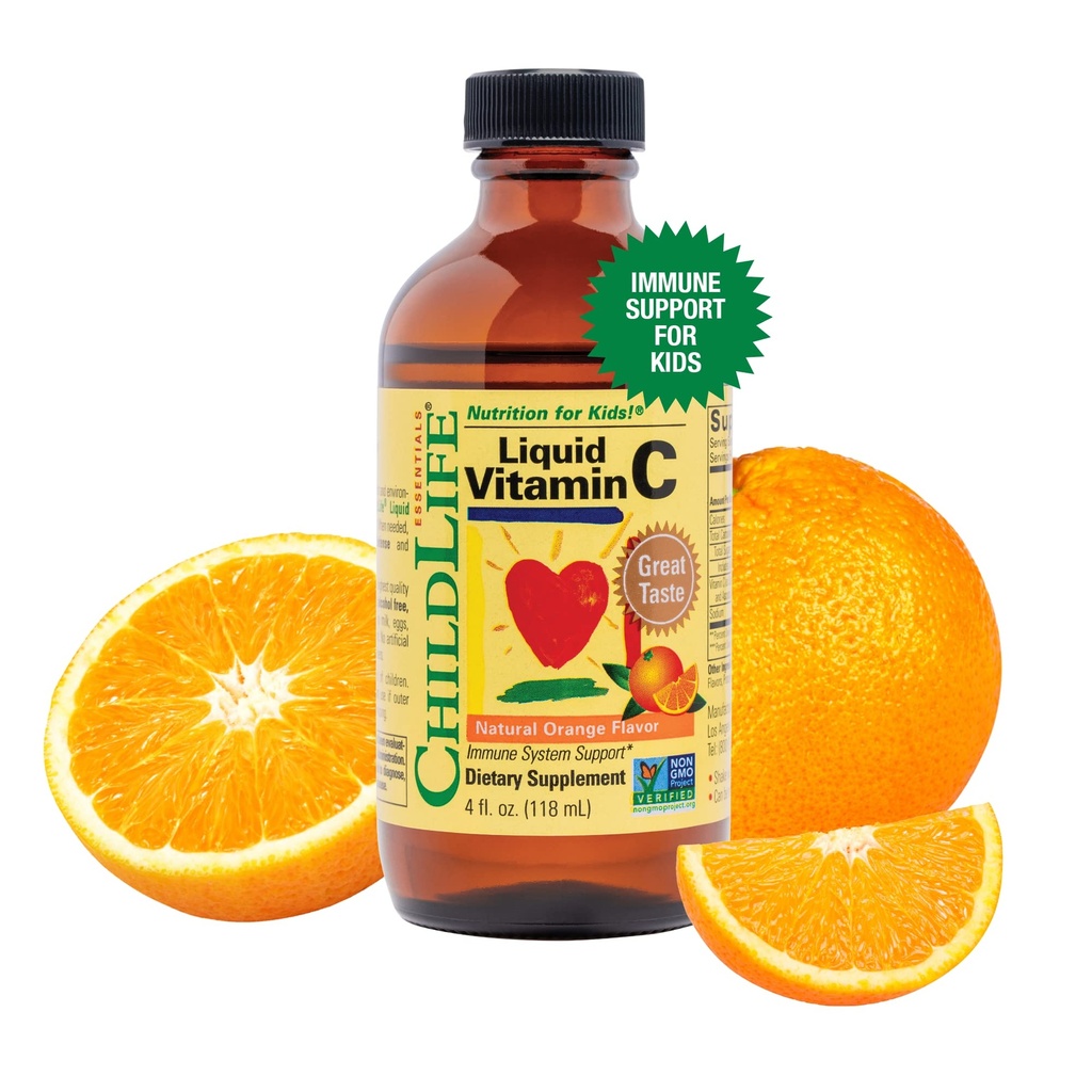 CHILDLIFE ESSENTIALS Liquid Vitamin C - Pure Vitamina C Liquido Supplemento per bambini, bambini, &amp; bambini, Immune System Support, Natural Orange Flavor, 4 Fl Oz (Pack of 1)