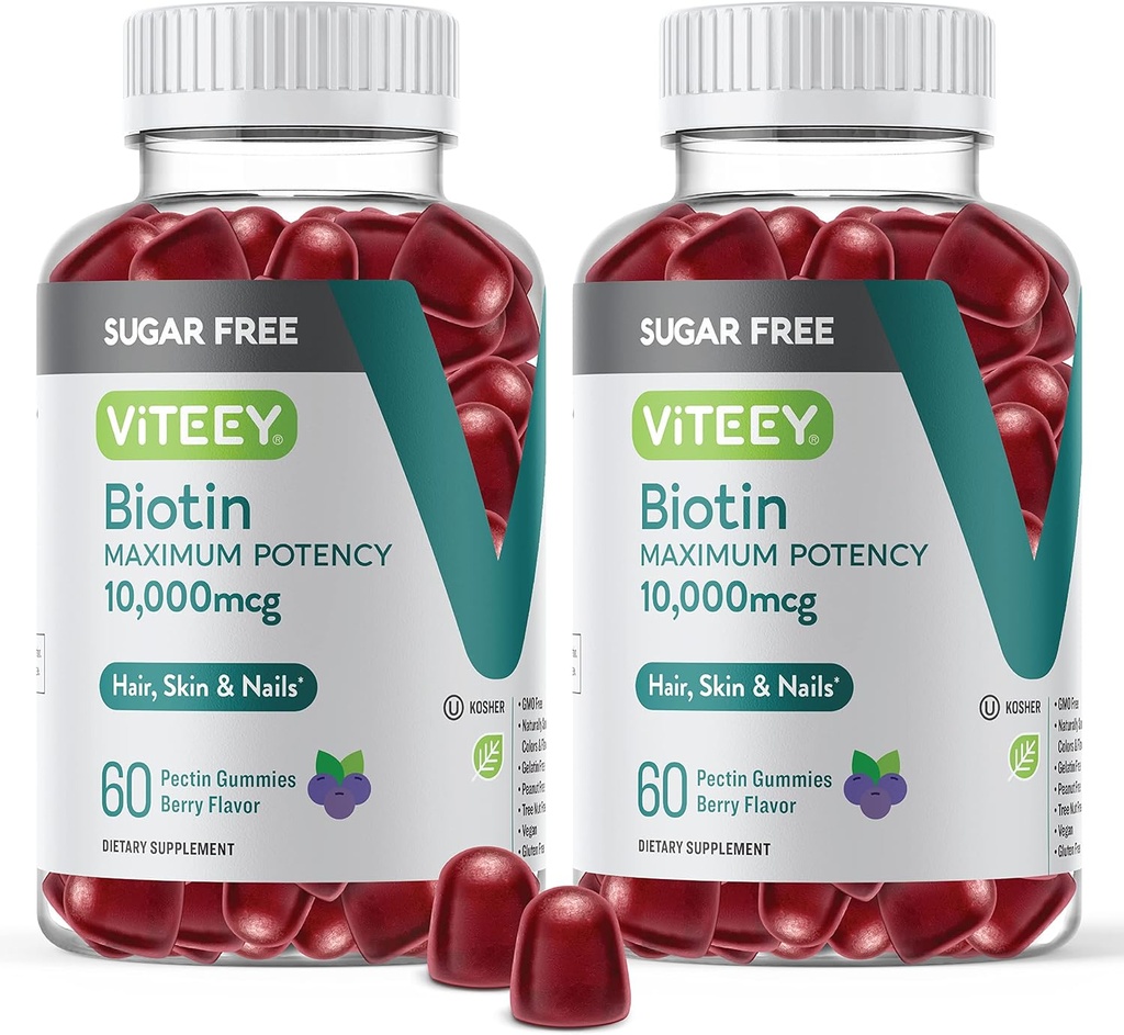 Viteey Biotin Gummies per capelli, pelle e chiodi 10.000mcg - Zucchero Libero - Gummie di crescita dei capelli, Glow sano della pelle, forte crescita sana delle unghie - Vegan, senza glutine, Gelatin Free- Tasty Berry Flavor