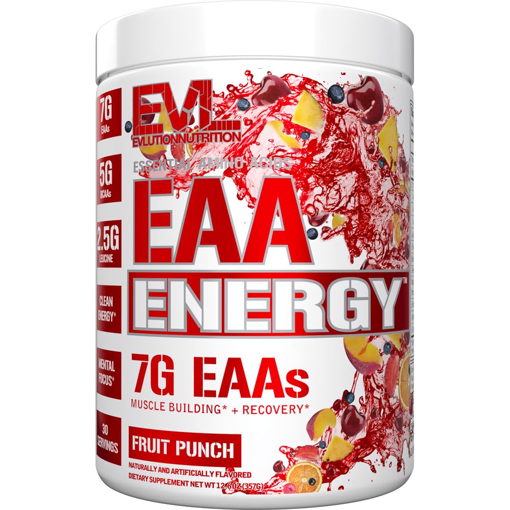 Evlution Nutrition EAA Energy - Pre & Post Workout Powder - Muscle Building & Recovery Supplement - 7g Essential Aminoaci + 5g BCAAs - Clean Energy - con caffeina - 30 Serve - Fruit Punch