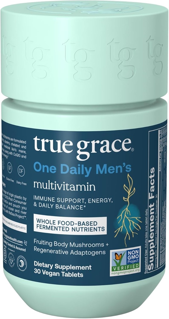 True Grace One Daily Men’s Multivitamin Fermented Minerals, Organic Adaptogens & Mushrooms Whole Body Balance Immune, Endurance, Bone & Heart Support - Non-GMO, Gluten Free - 30 Vegan Tablet