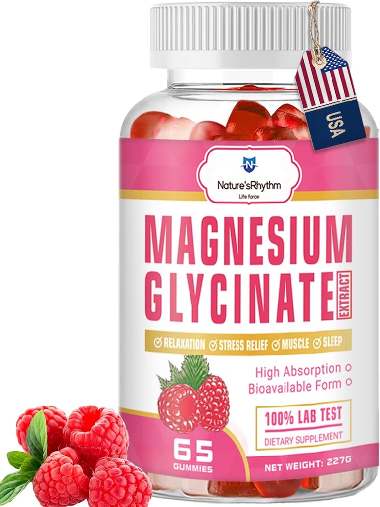 Gummie di Magnesio di Ritmo della Natura 500mg - 65 Ct | Integratori di Glicinato di Magnesio per Rilassamento, Rilievo di Stress, e Dormire per Adulti & Kids Tasty e Tangy Raspberry Flavor