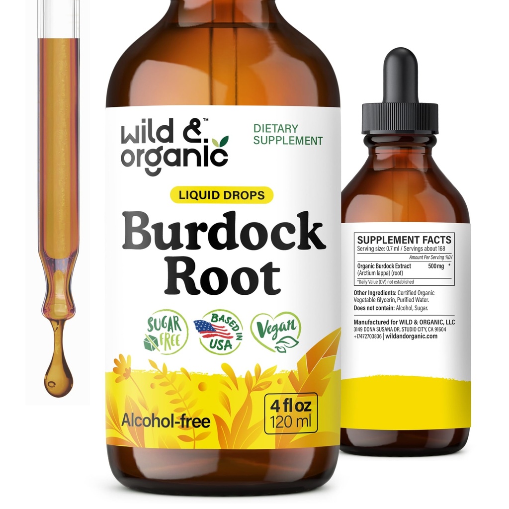 Wild & Organic Burdock Root Tincture - Supplemento liquido per antiossidante, disintossicante, supporto digestivo - Burdock Root Herb Drops - Vegan, Sugar & Alcohol-Free - 4 fl oz