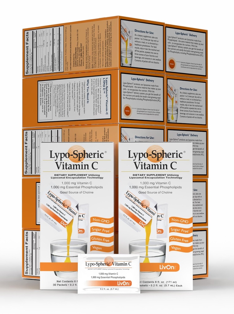 LivOn Laboratories Lypo-Spheric Vitamin C – 1.000 mg Vitamina C & 1.000 mg Phospholipids Essential Per Packet – Liposome Incapsulato per un migliore assorbimento – Non-GMO(12 Cartoni, 360 Packets)