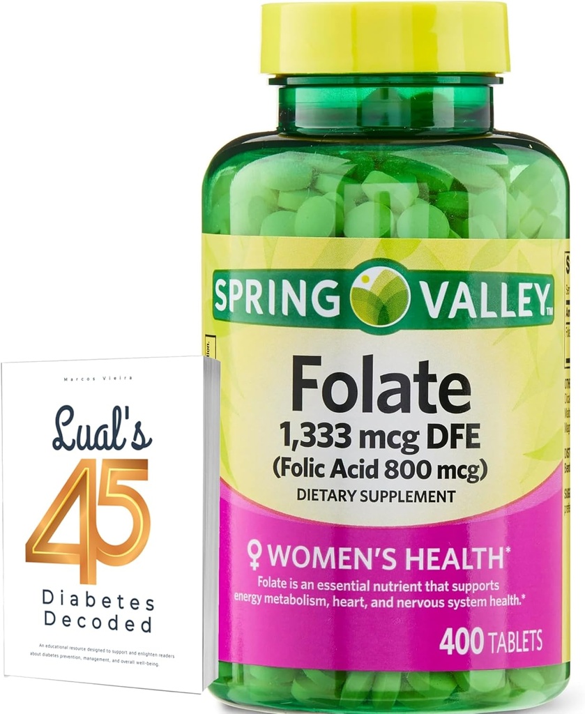 Folate 1,333 mcg. Spring Valley Folate Integratore alimentare, 1,333 mcg DFE, 400 conte, Folate Supplemento per la gravidanza delle donne, Folic Acid 800 Bundle con Luall 45 Diabete Decoded