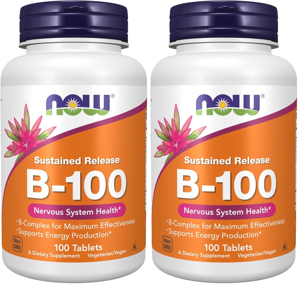 NOW Supplementi, vitamina B-100, rilascio prolungato, produzione di energia*, salute del sistema nervoso*, 100 compresse (pacchetto di 2)