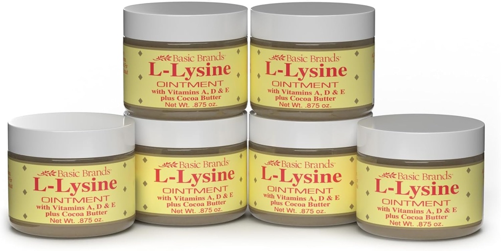 Marchi di base - L-Lysine Ointment - 0.875 oz - Trattamento di lisina e Blister Relief - Soothes Labbra e pelle secca – 6-Pack