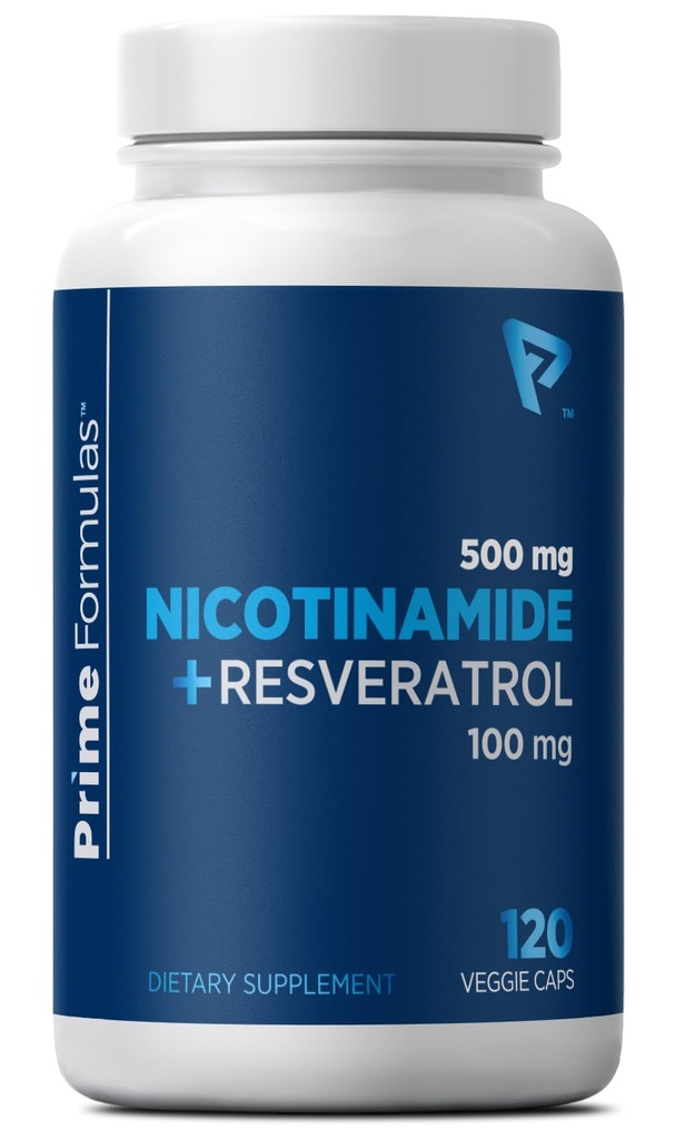 Nicotinamide 500 mg con Resveratrolo 100 mg 120 capsule vegetali - Vitamina non OGM B3, Supporta la salute metabolica, NAD+, Cellula Pelle & Produzione di energia mitocondriale. Made in USA per uomini e donne