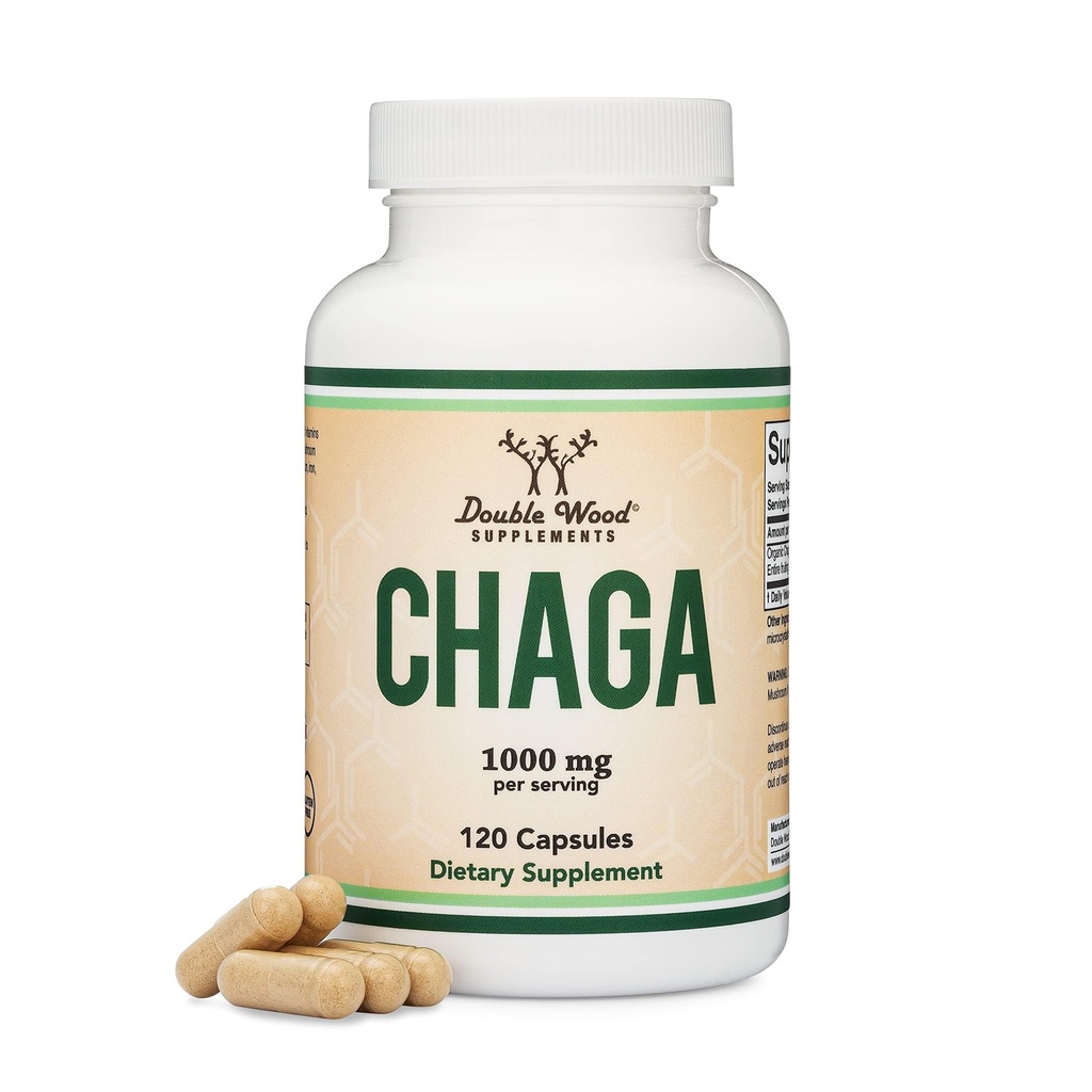 Chaga Mushrooms Capsule 120 Count (1,000mg Chaga Mushrooms Powder per Serving) Alta in Polysaccharides, Beta Glucans e Terpenoids - Cresciuto e fatto negli Stati Uniti, Vegan Safe, Organico da Double Wood