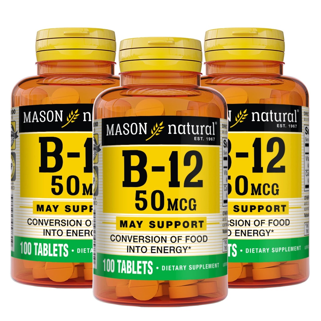 Mason vitamina naturale B12 50 mcg con calcio, 300, alimentazione giornaliera, supplemento dietetico per sostenere i livelli di energia naturale, 100 compresse (pacchetto di 3)