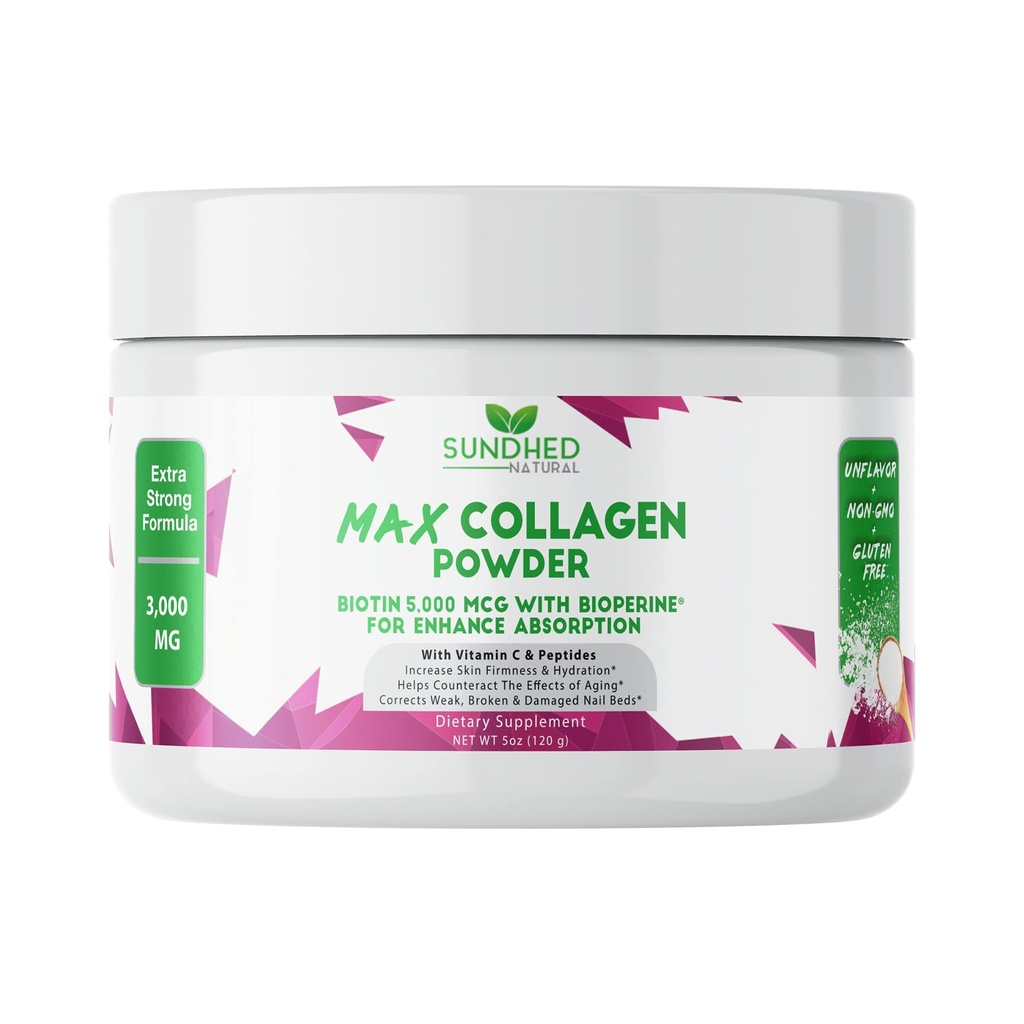 Max Collagen Plus C (30 giorni di alimentazione) - Tutte le polveri di collagene naturali con biotina e bioperina per aumentare l'idratazione antiinvecchiamento e la durezza della pelle - 500mg Vitamina C - rinforzare le ossa e le unghie