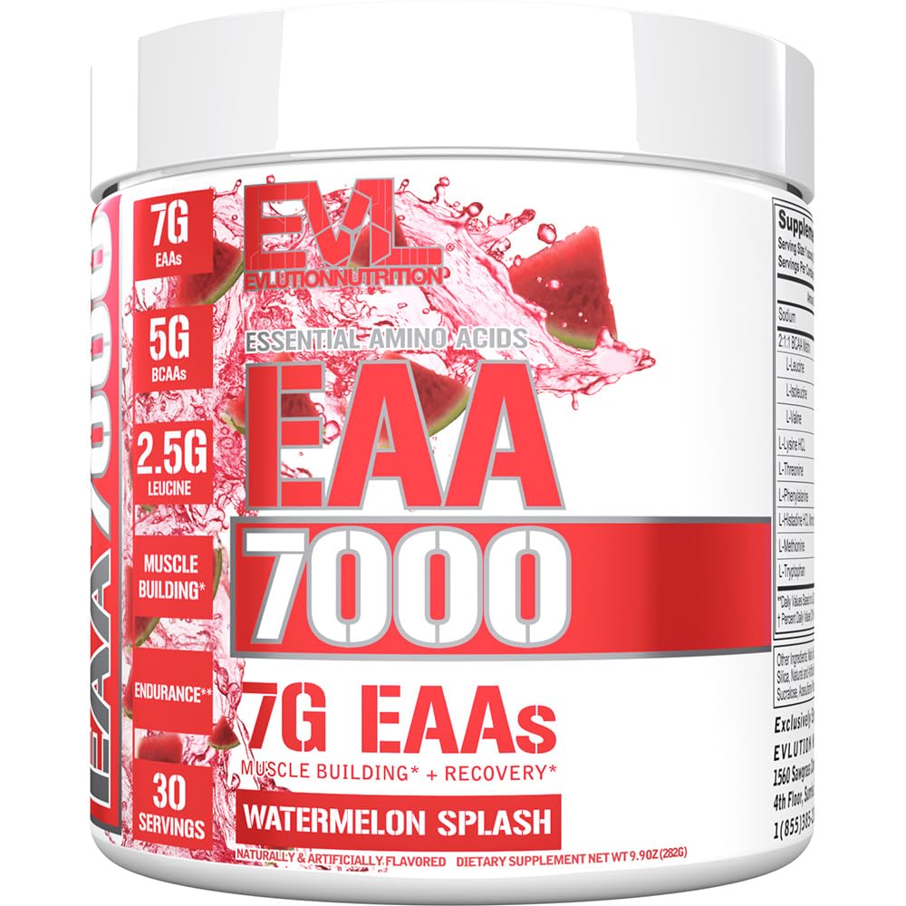 Evlution Nutrition EAA7000 - Pre & Post Workout Powder - Muscle Building + Recovery Supplement - 7g Aminoacidi essenziali + 5g BCAAs - Endurance + Energy Support - 30 Serve - Splash Watermelon