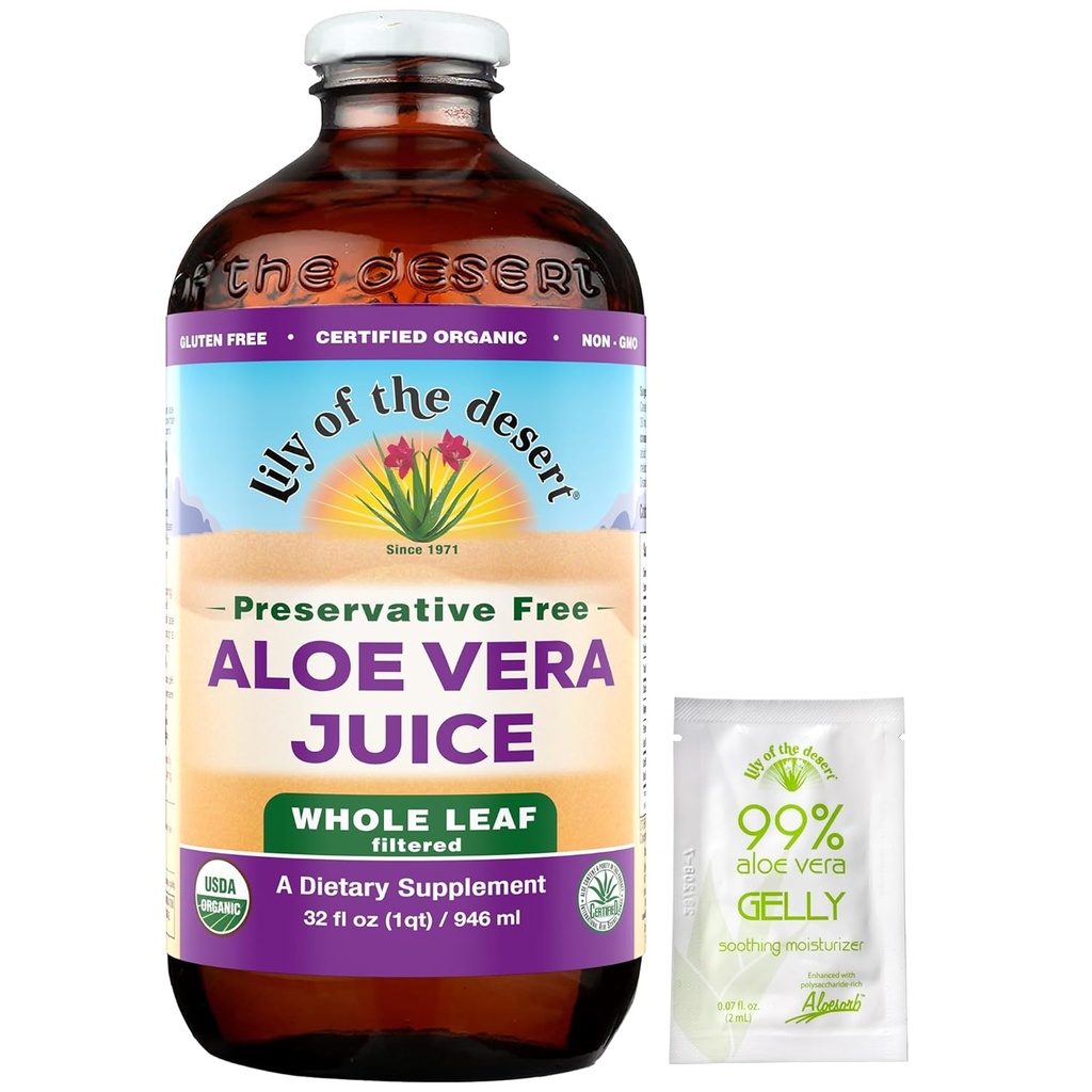 Lily Of The Desert Aloe Vera Juice, Preservative Free - Whole Leaf Aloe Vera Drink con Vitamine Naturali, Enzimi Digestivi per la Salute Gut, Rilievo di Stomach, Benessere, Pelle di Glowing, Gelly Sachet incluso