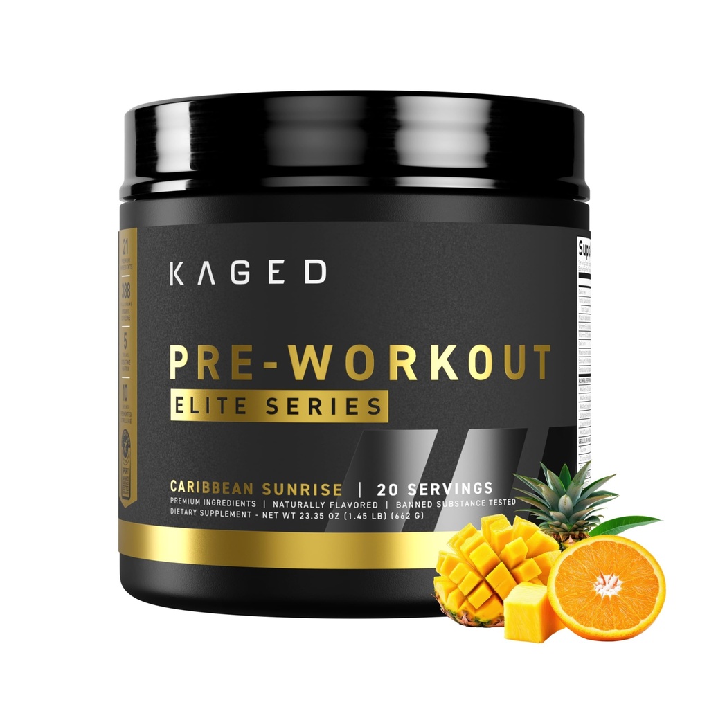 Kaged Pre Workout Polvere pre-allenamento Elite per uomini e donne Alto stimolante per energia, messa a fuoco, pompe L-citrullina, Beta Alanina, Creatina & 388mg di Organic Caffeina Caraibi Sunrise Servings