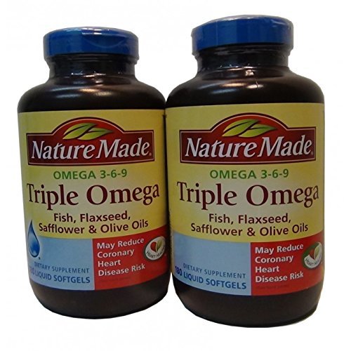 Natura Made Triple Omega 3 6 9 - Pesce, Flaxseed, Safflower & Olive Oils - 2 bottiglie, 180 Softgels Ogni
