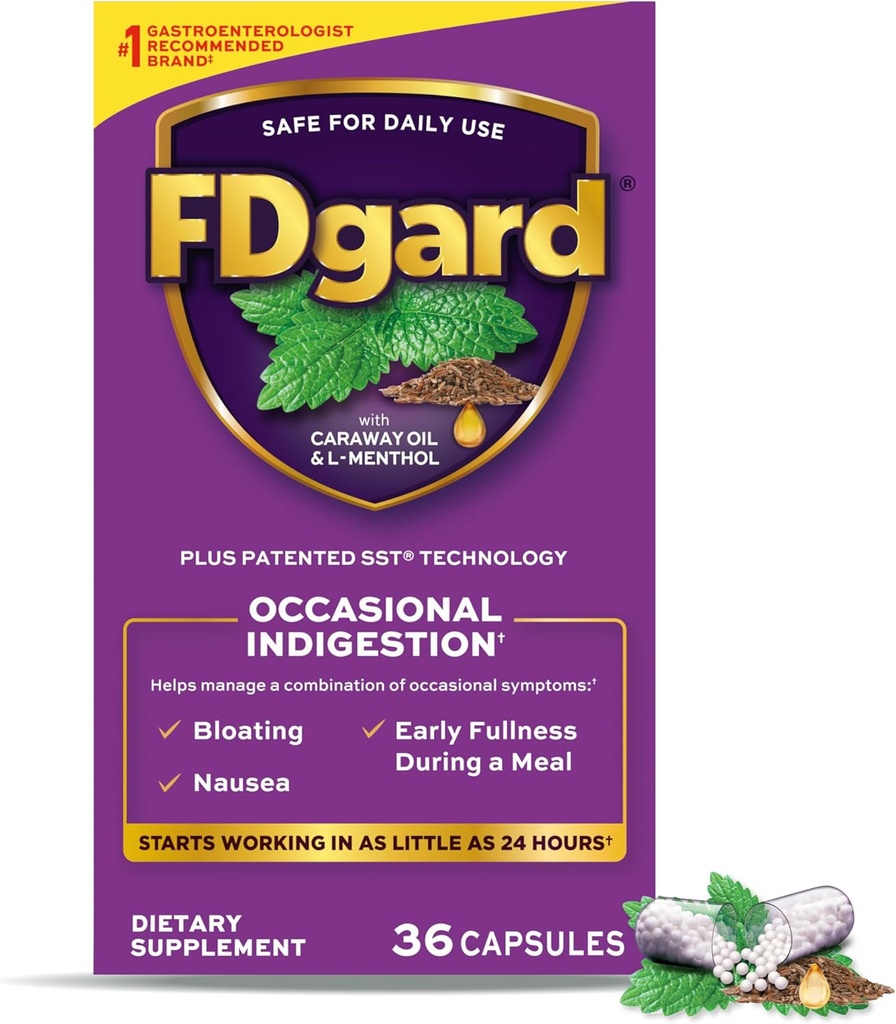 FDgard Gut Health Supplement, Indigestione, Nausea & Bloating, Upset Stomach, 36 capsule