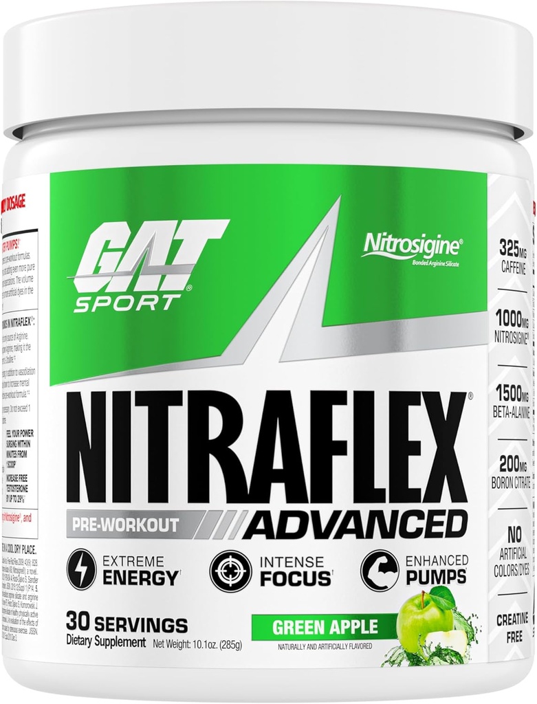 GAT SPORT Nitraflex Advanced Pre-Workout Powder, aumenta il flusso sanguigno, aumenta la resistenza e l'energia, migliora le prestazioni di esercizio, senza creatina (mela verde, 30 porzioni)