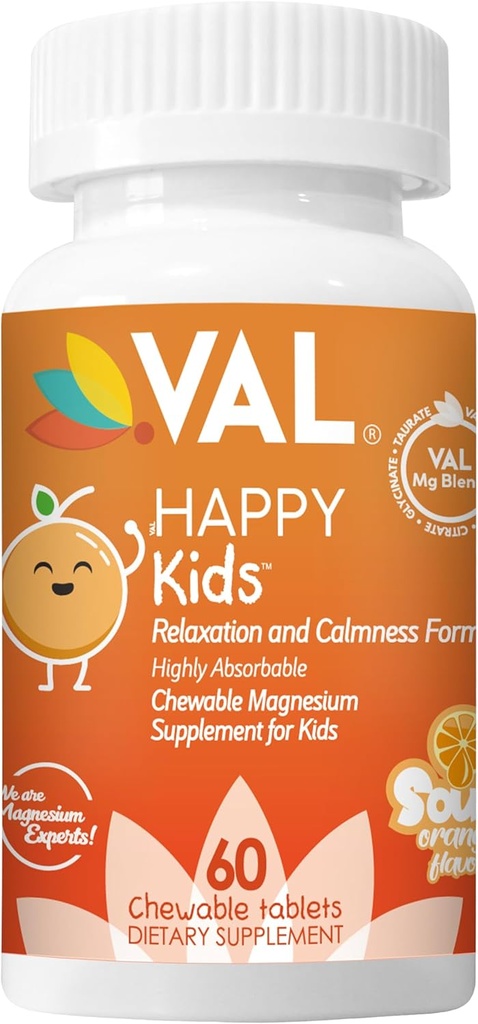 VAL Kids Magnesium | Calm + Focus Formula | 100mg Mg (Glycinate, Citrate, Taurate) + B6, D3, C | Sugar-Free, Non OGM | Fun Chewable Tablet | Orange Flavor | 60 Ct
