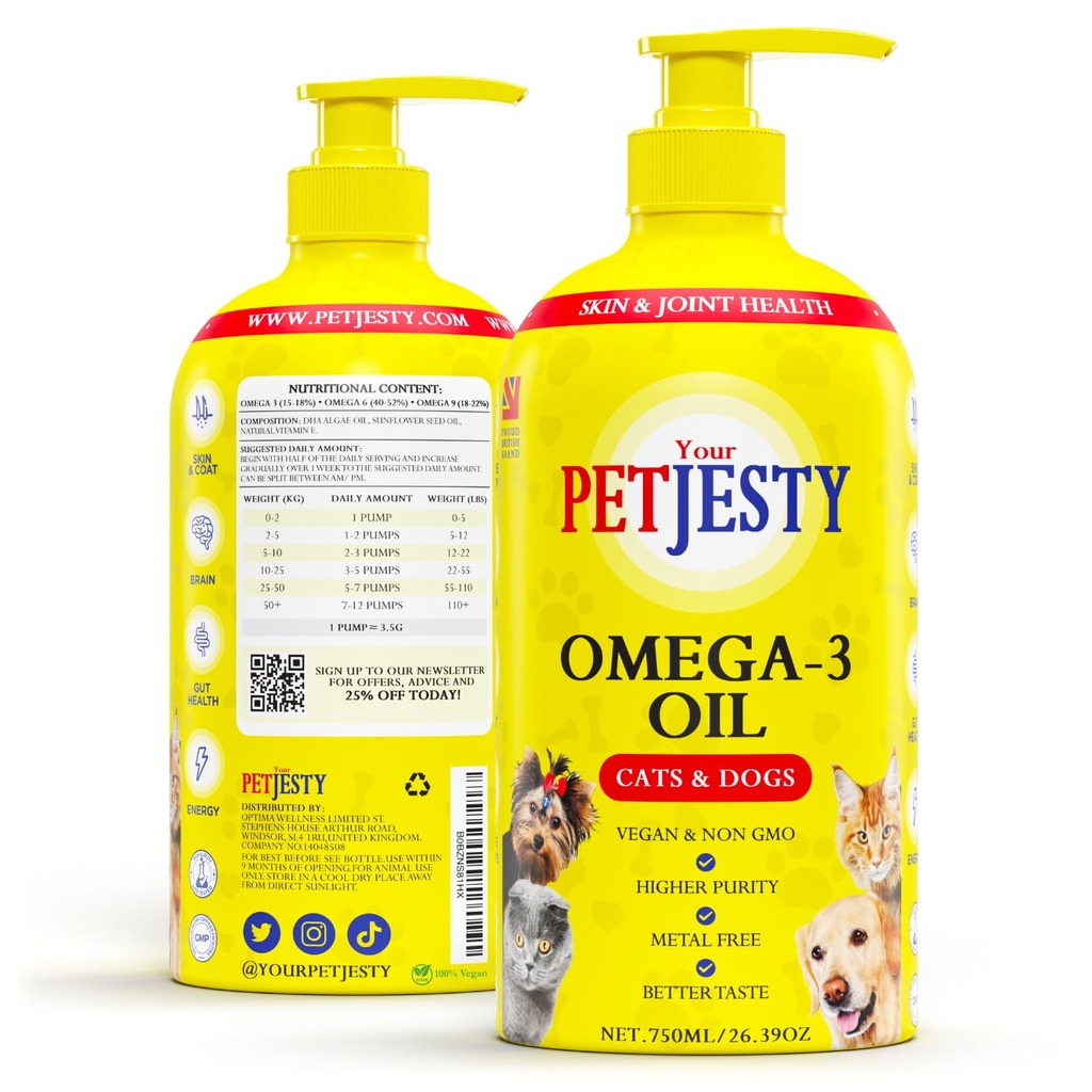 PetJesty Pure Omega 3 olio per cani e gatti 26.39oz - Omega 3 Skin & Coat Support- Integratore alimentare liquido per gli animali - Vegan pet + DHA per la funzione congiunta, Immune & Heart Health, Non Fish Oil Dog e Cat