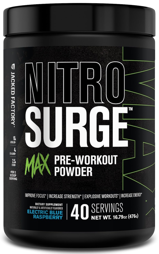 Fabbrica Jacked Nitrosurge Max ad alte prestazioni Pre polvere di allenamento - Pre allenamento w / Nootropic ingredienti per fuoco intenso, pompe, energia liscia, resistenza - 40 Serve, lampone blu elettrico