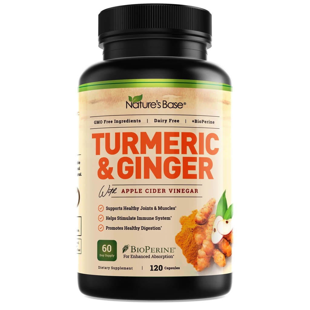 Natural's Base Turmeric and Ginger Supplement - con curcumina, Aceto di sidro di mele & BioPerine Black Pepper Extract - 95% Curcuminoids - 120 Capsule
