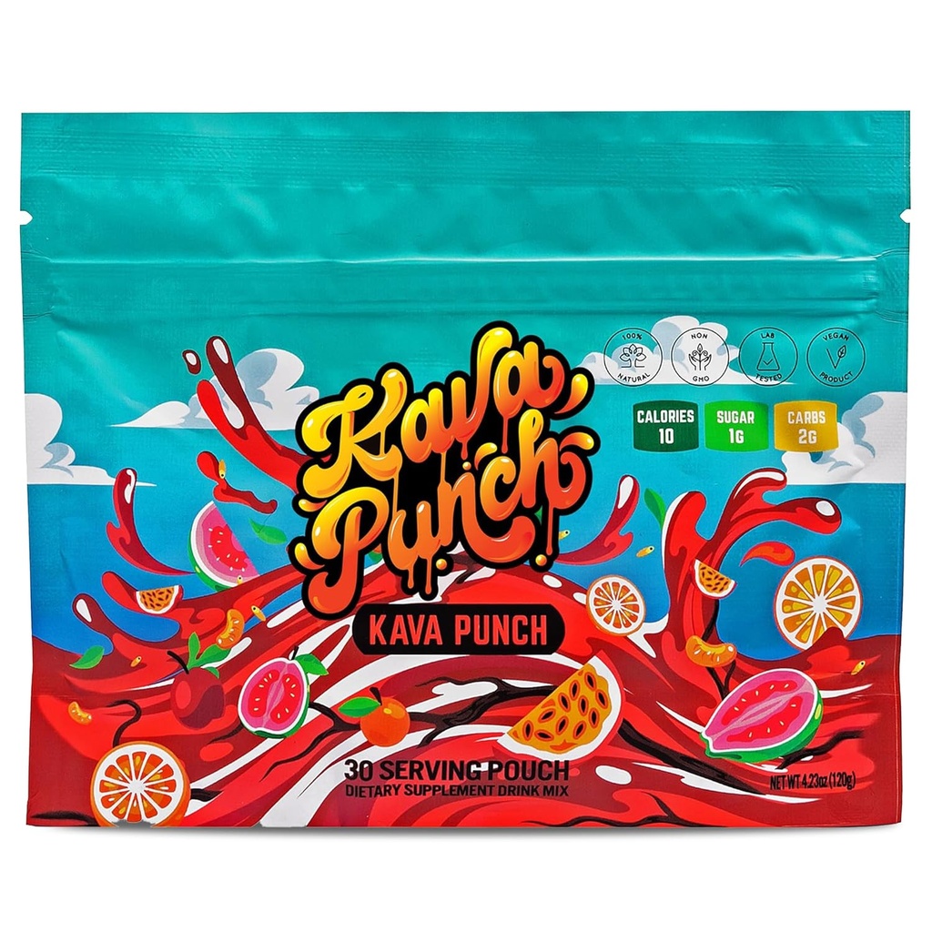 Kava Punch polvere di rilassamento – 30 Pouch di servizio con l'estratto di Kava Kava Premium | Supplemento di sollievo di stress giornaliero | Non alcolico, basso contenuto di calorie, miscela di bevanda sana | bevanda alternativa alcolica con Buzz