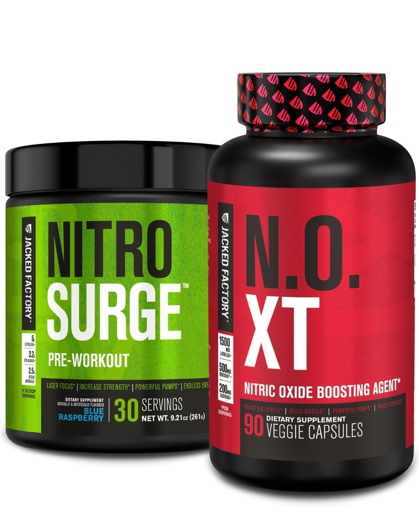 Jacked Factory Nitrosurge Pre-Workout in Blue Raspberry & N.O. XT Nitric Oxide Booster per uomini e donne