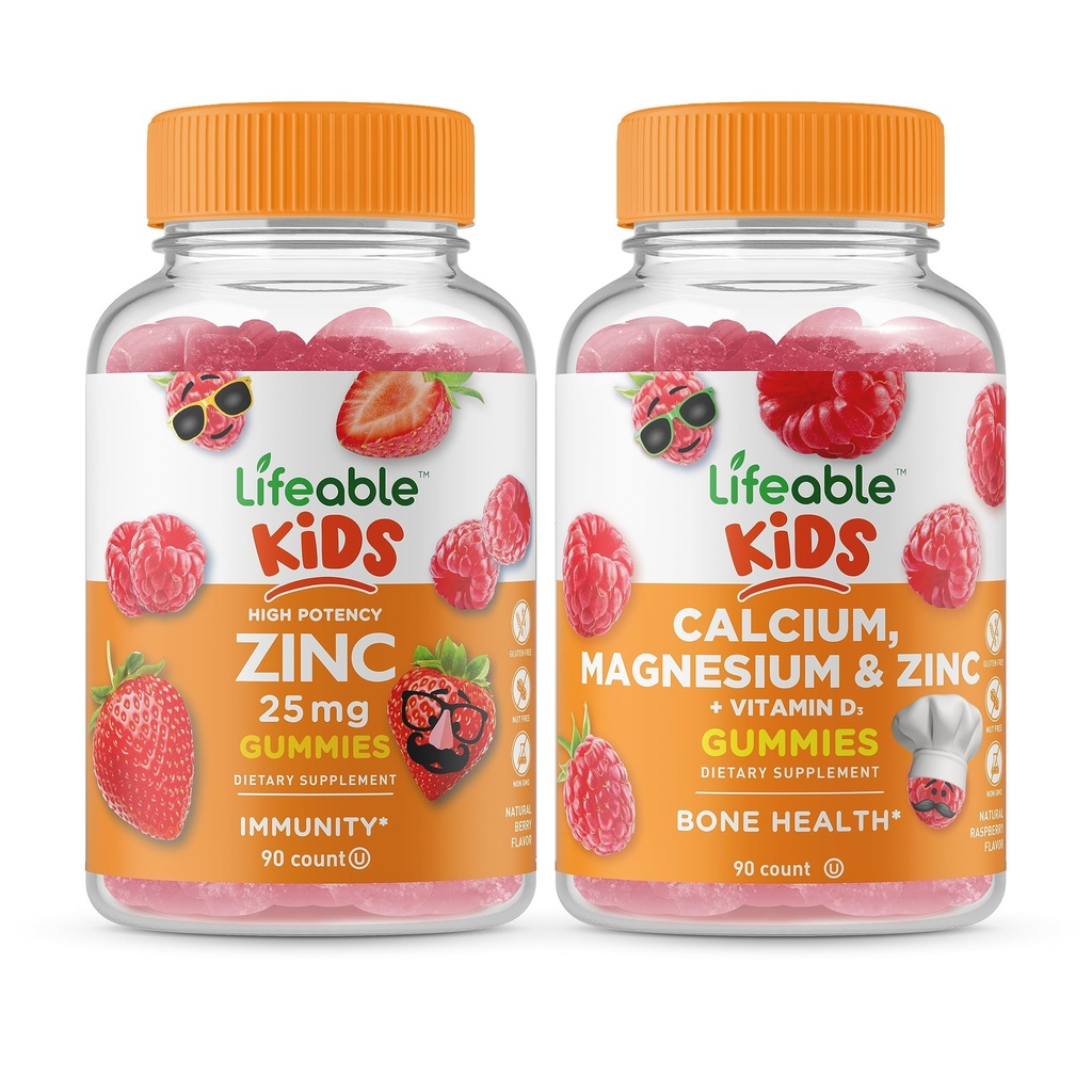 Zinco vitale 25mg Bambini + Calcio Magnesio & Zinc Kids, Gummies Bundle - Grande degustazione, Integratore di vitamina, Gluten Free, OGM Free, Gummy masticabile