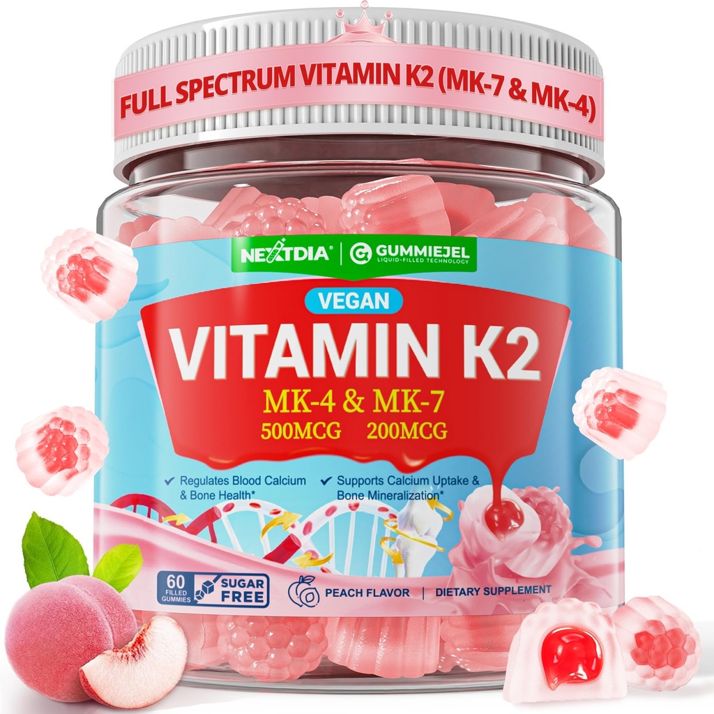 Vitamina K2 Gummies MK-7 200 mcg & MK-4 500 mcg per le donne e gli uomini senza zucchero, perfetto 2-IN-1 Full Spectrum Vitamin K2 Supplemento per Bone, He-art, promuove l'assorbimento di calcio, cervello, denti, immune,1Pack