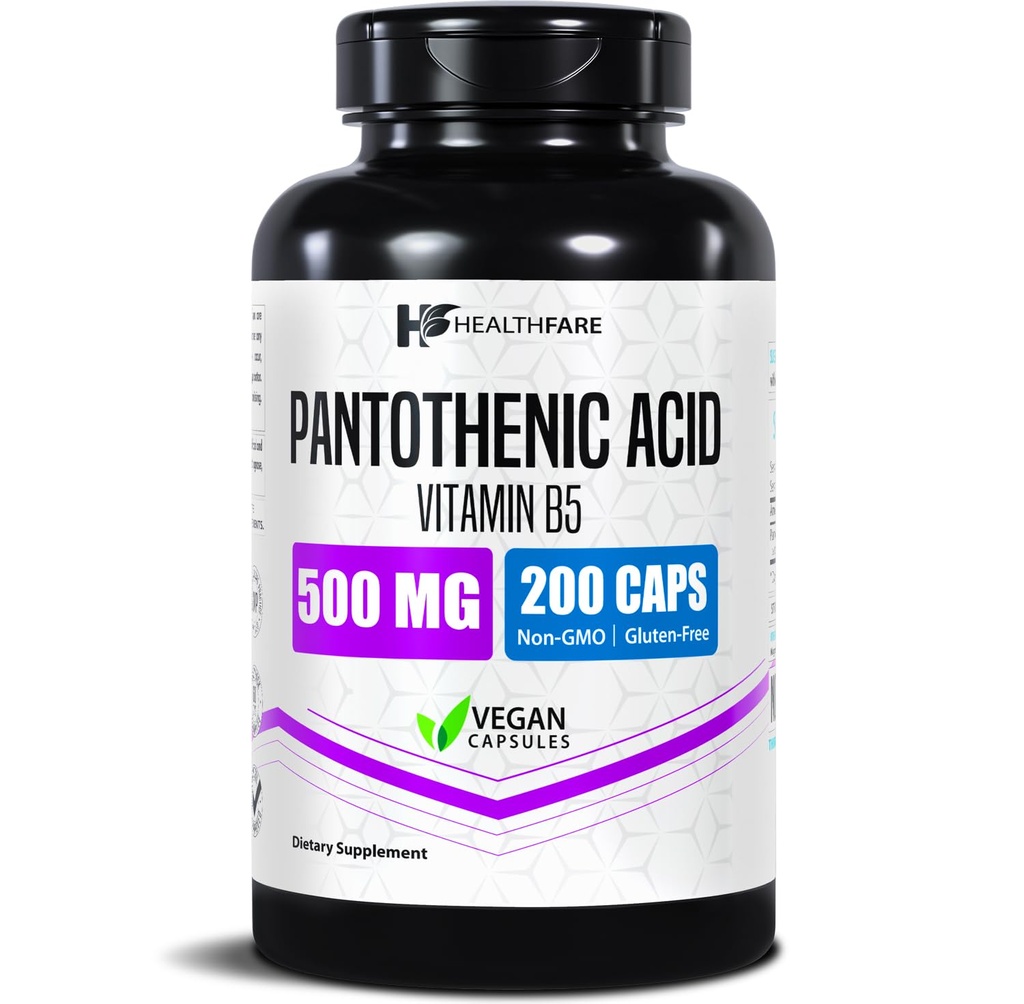 Integratore di vitamina B5 di 500mg di acido pantotenico di salute | 200 capsule vegane | supporto energetico e metabolico ad alta resistenza | Non OGM, senza glutine | Made in USA
