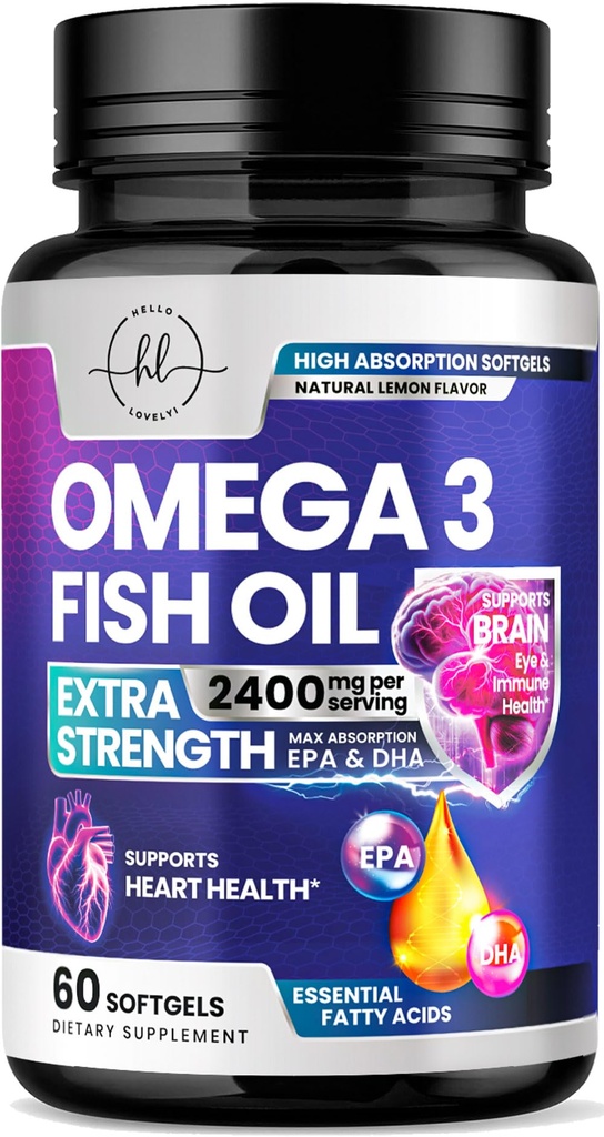 Omega 3 Fish Oil Supplements 2400mg - Triple Strength Omega 3 acidi grassi, cuore naturale salute cervello e supporto misto - acidi grassi con EPA & DHA - Wild Caught Fish Oil Supplement - 60 Softgels