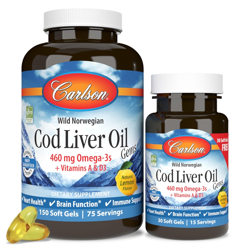 Carlson - Cod Liver Oil Gems, 460 mg Omega-3s, Plus Vitamine A e D3, Wild Caught Norwegian Arctic Cod, Sostenibilmente Source Nordic Fish Oil Capsules, Lemon, 150 + 30 Softgels
