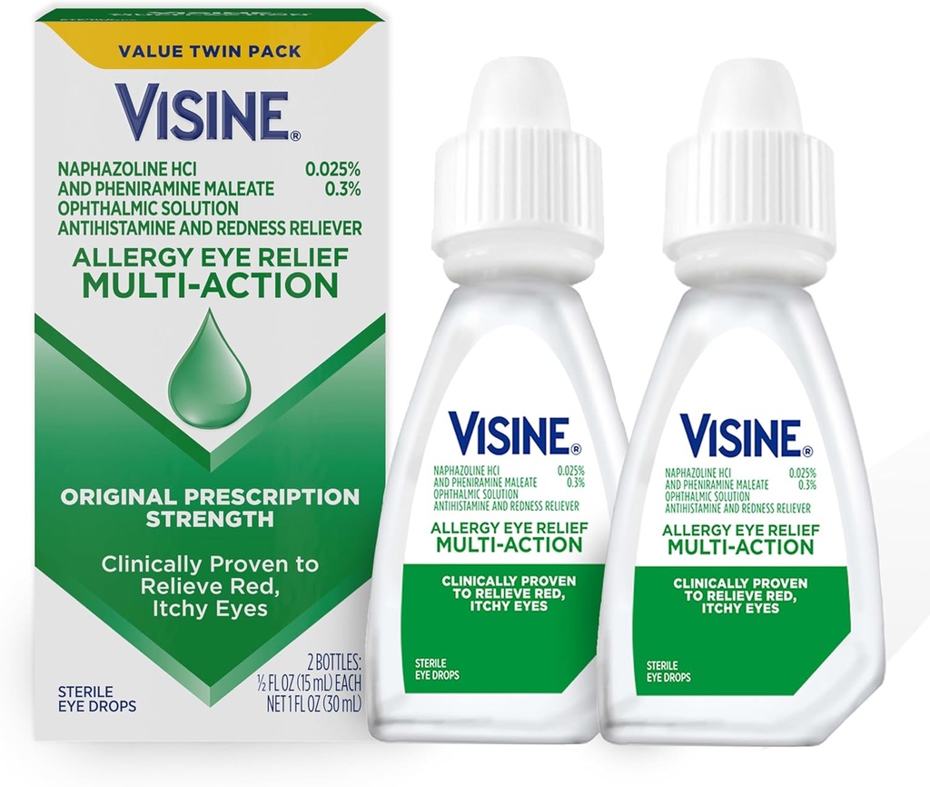 Visina Allergy Eye Relief Multi-Action Antistamine & Redness Reliever Gocce di occhio con Pheniramine Maleate & Naphazoline HCl, Trattamento di goccia per rosso, prurito, occhi allergici, 0,5 fl. oz, 2 Pack