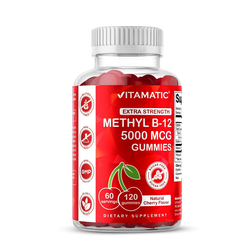Vitamatic Extra Forza Vitamina B12 5000 mcg (metil B12) Gummies - 120 Conte - Supporto per il metabolismo energetico e supporto per la salute del sistema nervoso, Ciliegia naturale aromatizzata (1)