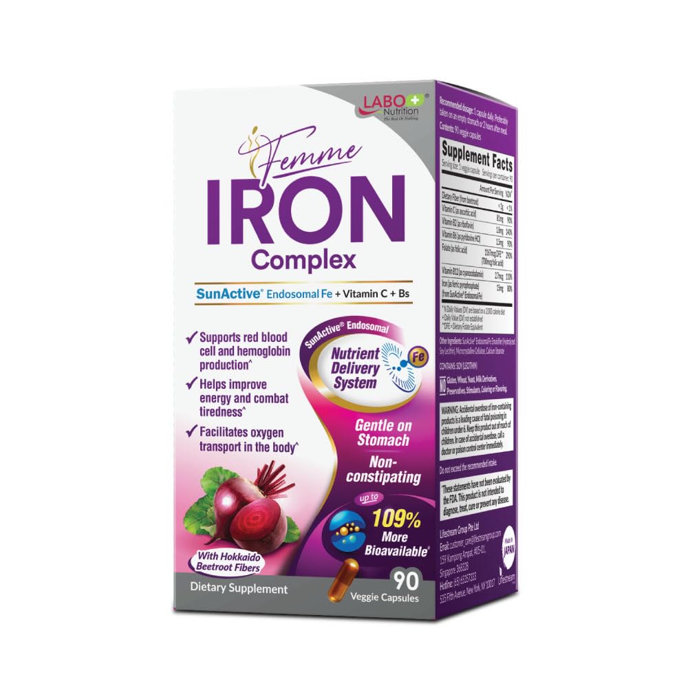 LABO Nutrition Femme Iron Endosomal SunActive, Non irritante 15 mg di ferro supplemento per il costruttore di sangue, Vegan, Gentle, No Metallic Aftertaste, Non costipante, Ideale per gli Stomach sensibili, 90 Conte