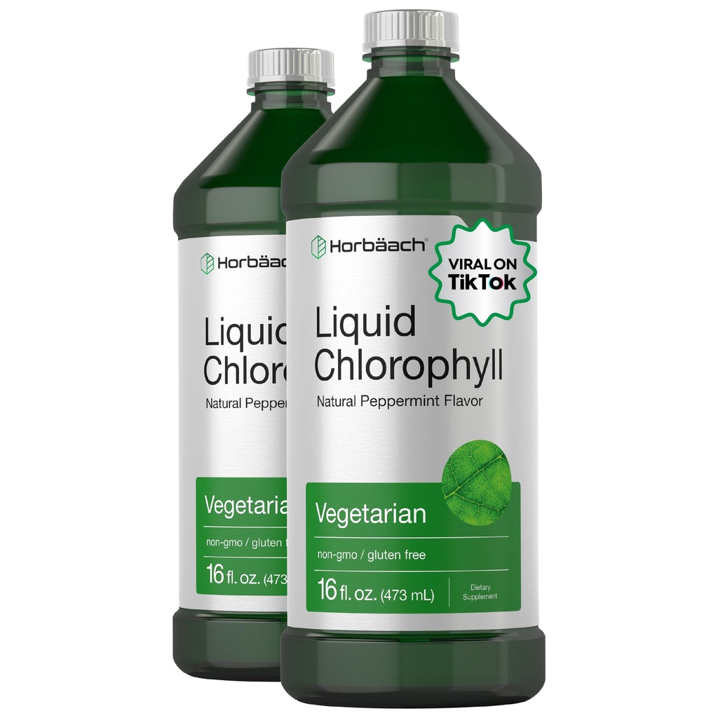Horbäach Chlorophyll Liquid Drops | 100mg | 32 oz (2 x 16 oz Bottiglie) | Natural Peppermint Flavor | Vegetariano, Non OGM, Gluten Free Supplement