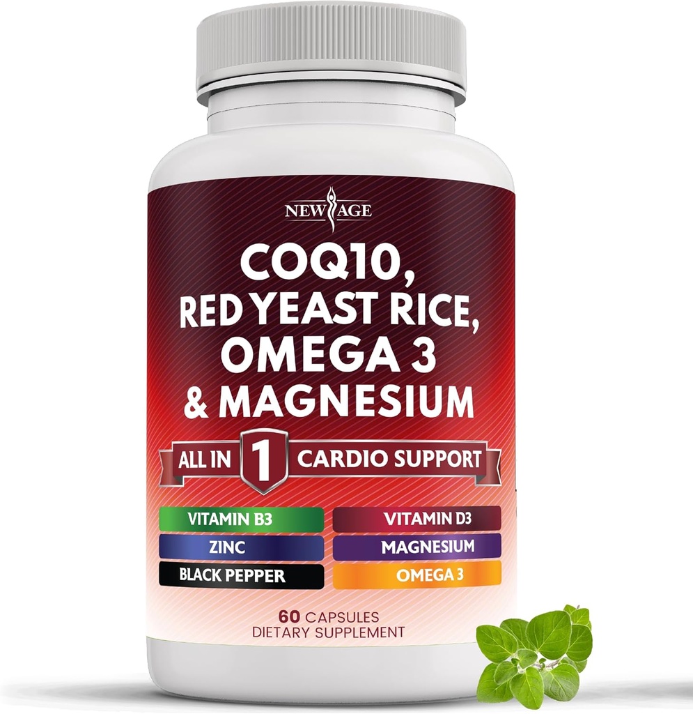 NUOVO AGE COQ10 200mg Riso di lievito rosso, Omega 3, Complesso di magnesio, Vitamina di zinco K2 D3 - Vitamine di supporto per la salute del cuore per le donne e gli uomini con vitamina B3, Conto di coenzima Q10-60