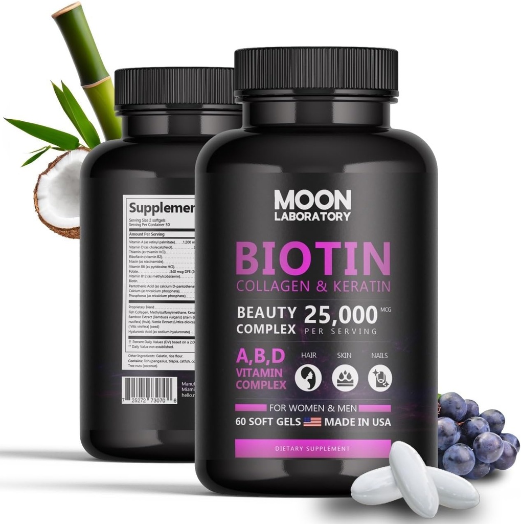Premium Biotin 5.000 mcg Beauty Complex con collagene, cheratina, acido ialuronico, vitamina A, D3, B-Complex, Calcuim & Coconut Oil. 60 Softgels