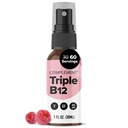 Complemento Vegan Vitamina Tripla B12 Liquid Spray- 1500 mcg Blend (60 Serve) Raspberry Flavor- Migliorato Assorbimento, Energia, Mood, Sistema nervoso, Funzione cognitiva per bambini e adulti