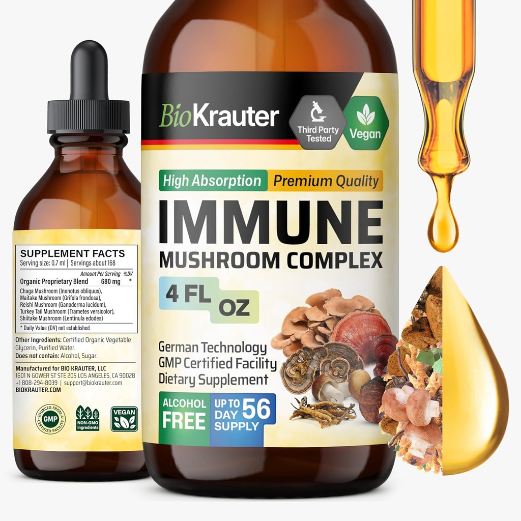 BIO KRAUTER Immune Support Mushroom Supplement - Lions Mane, Shiitake, Turchia Tail, Reishi, Chaga & Maitake Liquid Extract - Mushroom Complex Tincture - Vegan Drops 4 Fl.Oz.