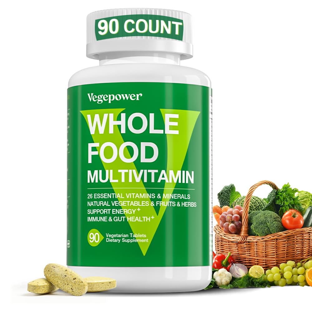 Vegan Whole Food Multivitamin con Ferro, Multivitaminico Giornaliero per Uomini e Donne, Vitamine Multi etilate, B-Complex, Frutta & Verdura, Enzimi, Omegas, Fungo, Non OGM, 90 Conte