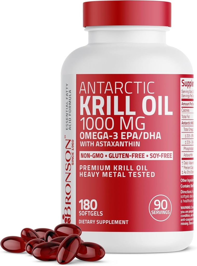Bronson Antartico Krill olio 1000 mg con Omega-3s EPA, DHA, Astaxantina e Phospholipids 180 Softgels